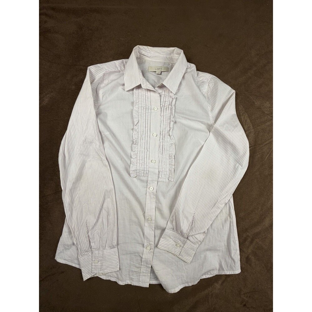 LOFT Striped Ruffle Button-Down Collared Blouse White Pink 100% Cotton Size S